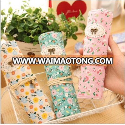 Floral Rolling School Pencil case for Kids Gift Cotton Linen Fabric Pen Bags Pencil Bag