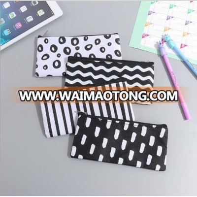 Black White Stripe Wave Fabric Traval Makeup Cosmetic Storage Bag Pencil Case Bag Pen Holder